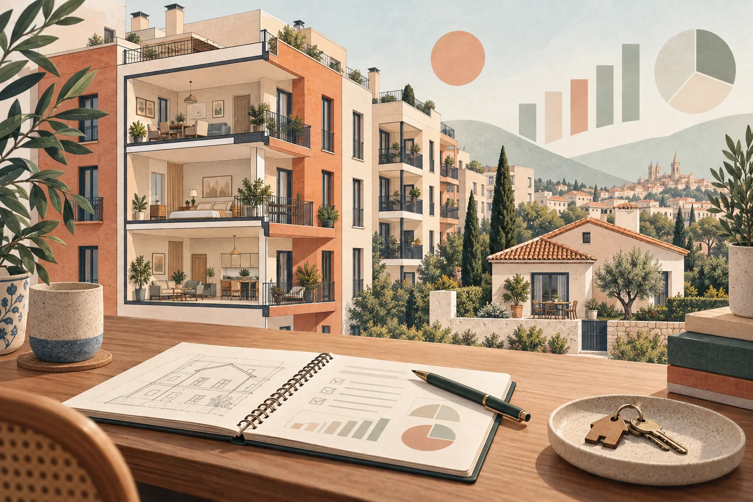 Ilustración conceptual de viviendas y un cuaderno para organizar el presupuesto